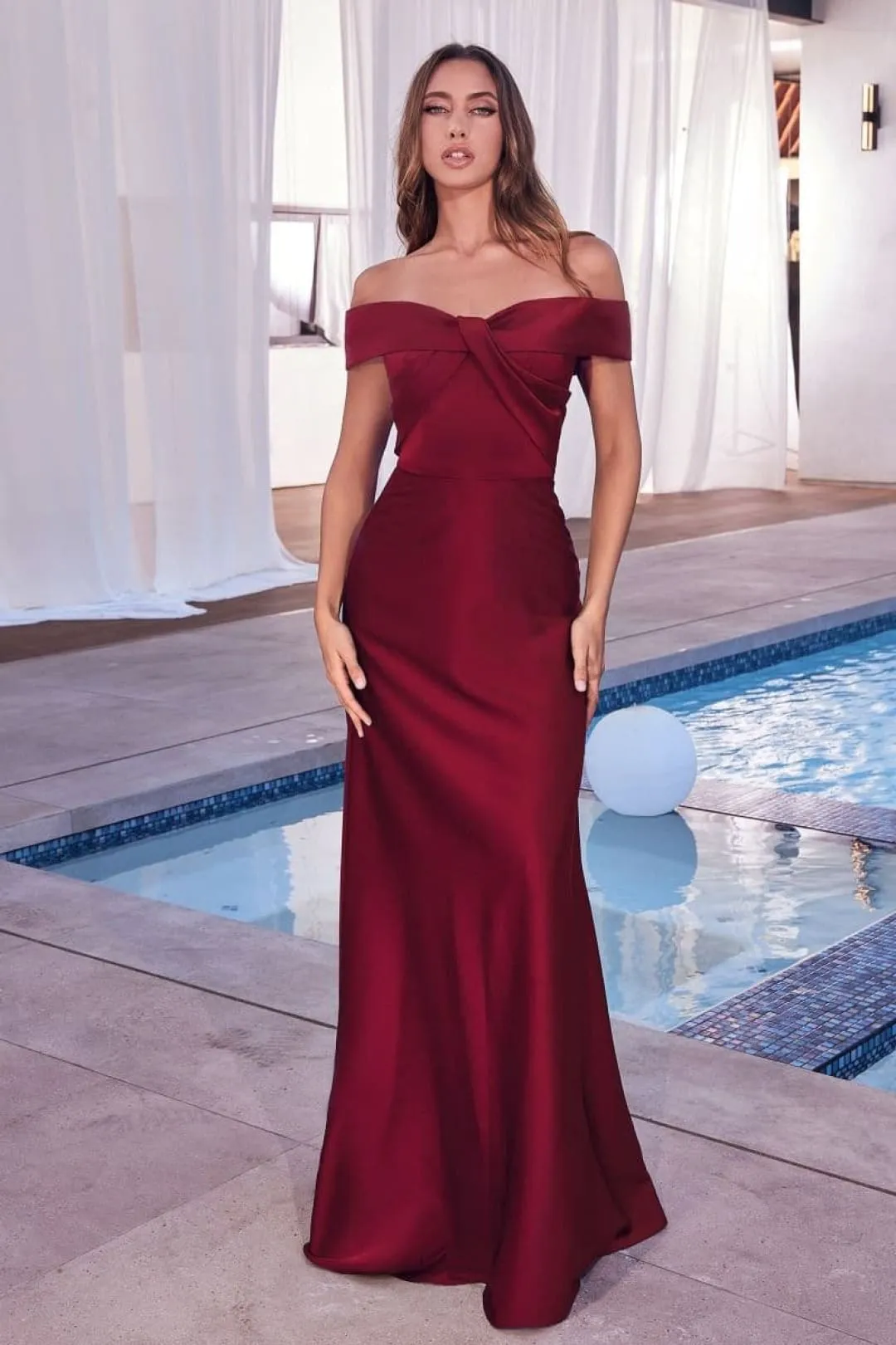 Cinderella Divine CD325 Off Shoulder Simple Satin Bridesmaids Gown