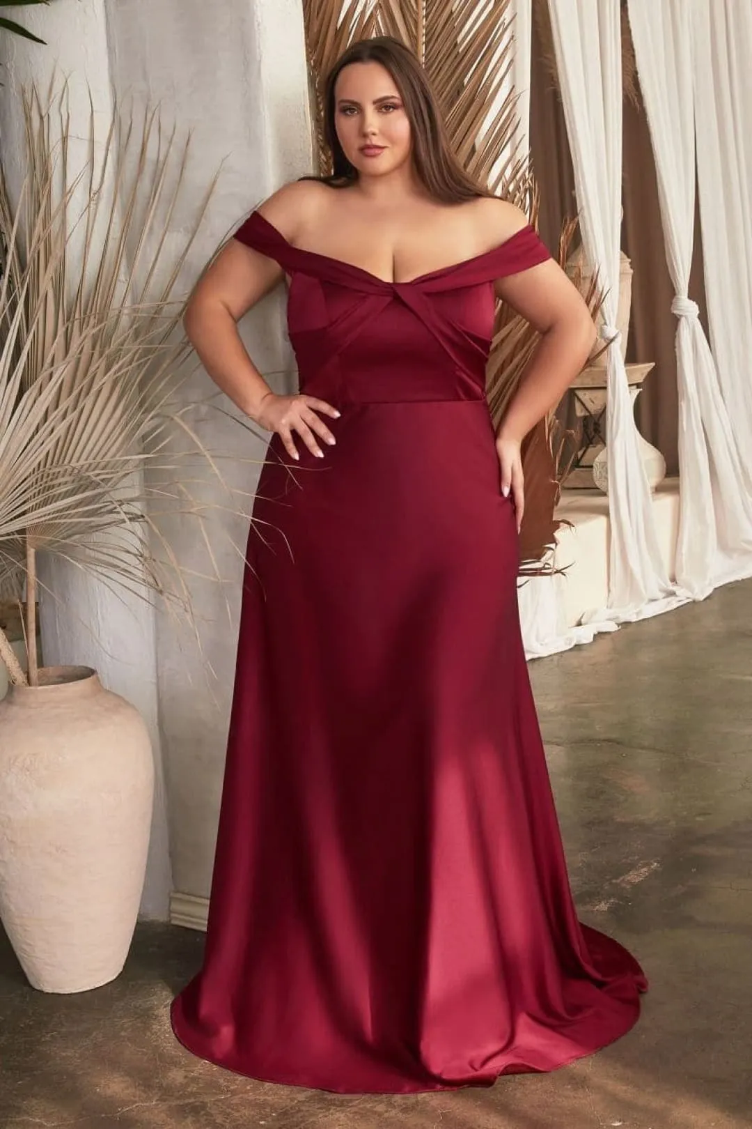 Cinderella Divine CD325 Off Shoulder Simple Satin Bridesmaids Gown