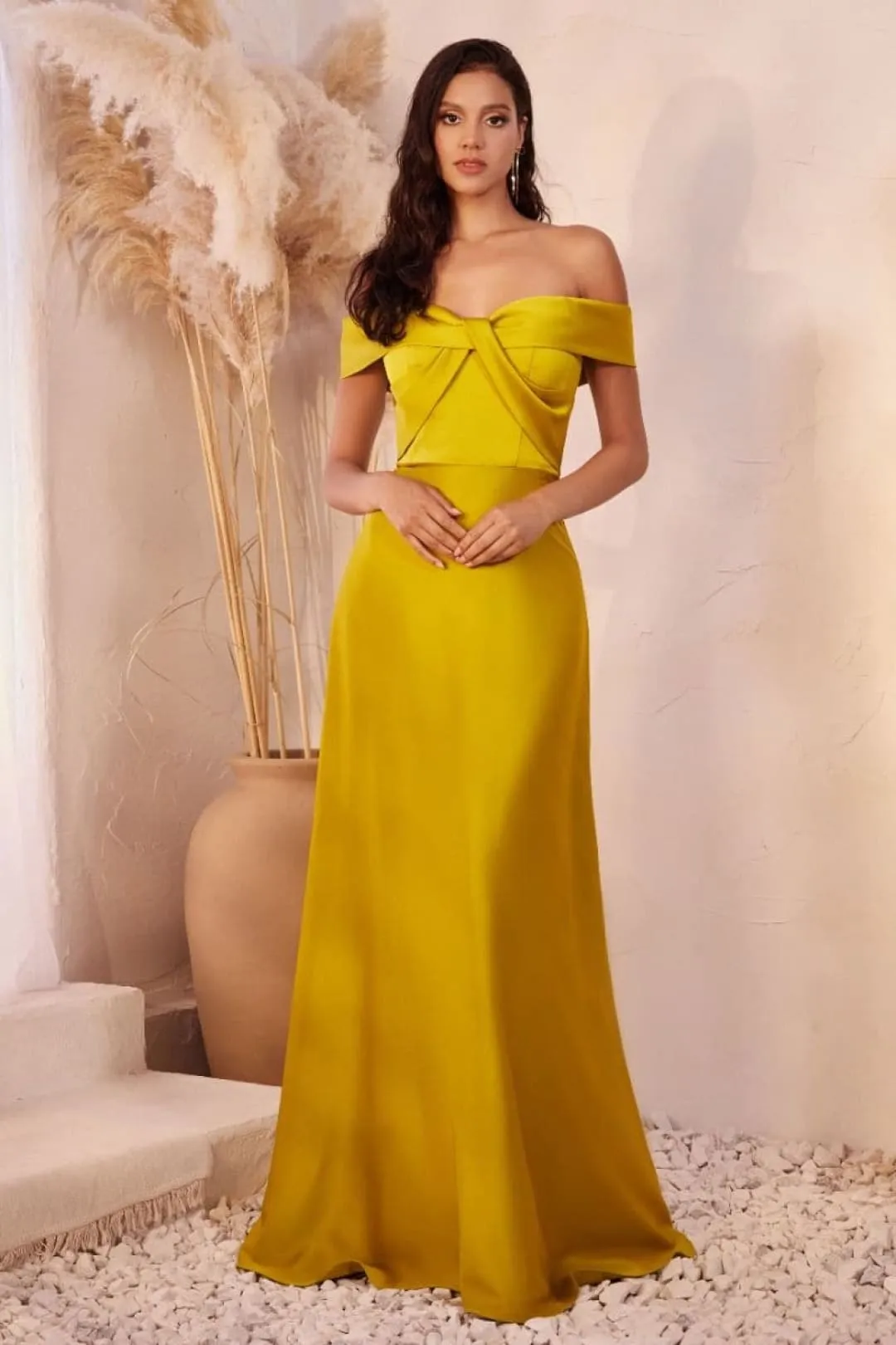 Cinderella Divine CD325 Off Shoulder Simple Satin Bridesmaids Gown