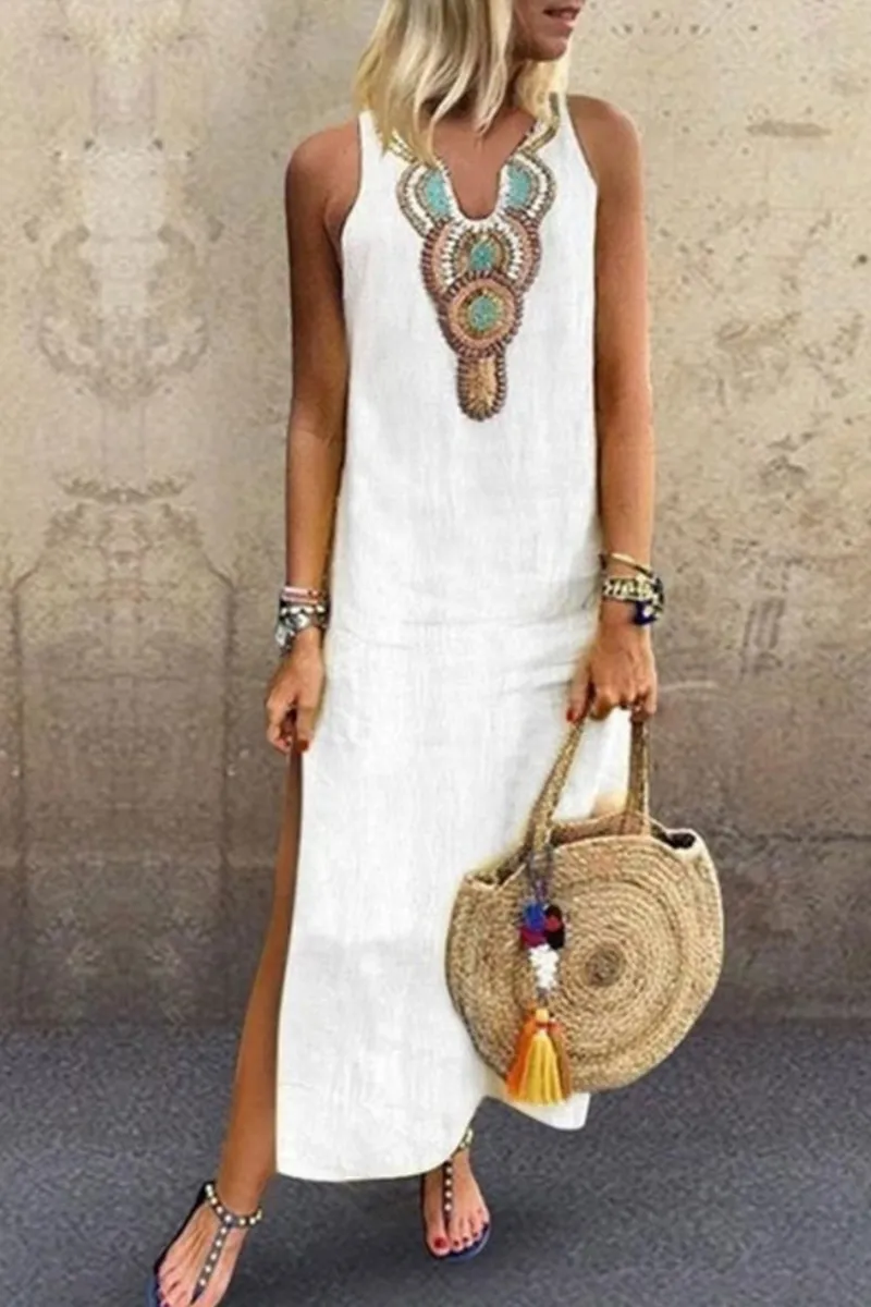 Dunnmall Casual Print Slit V Neck A Line Dresses(7 Colors)