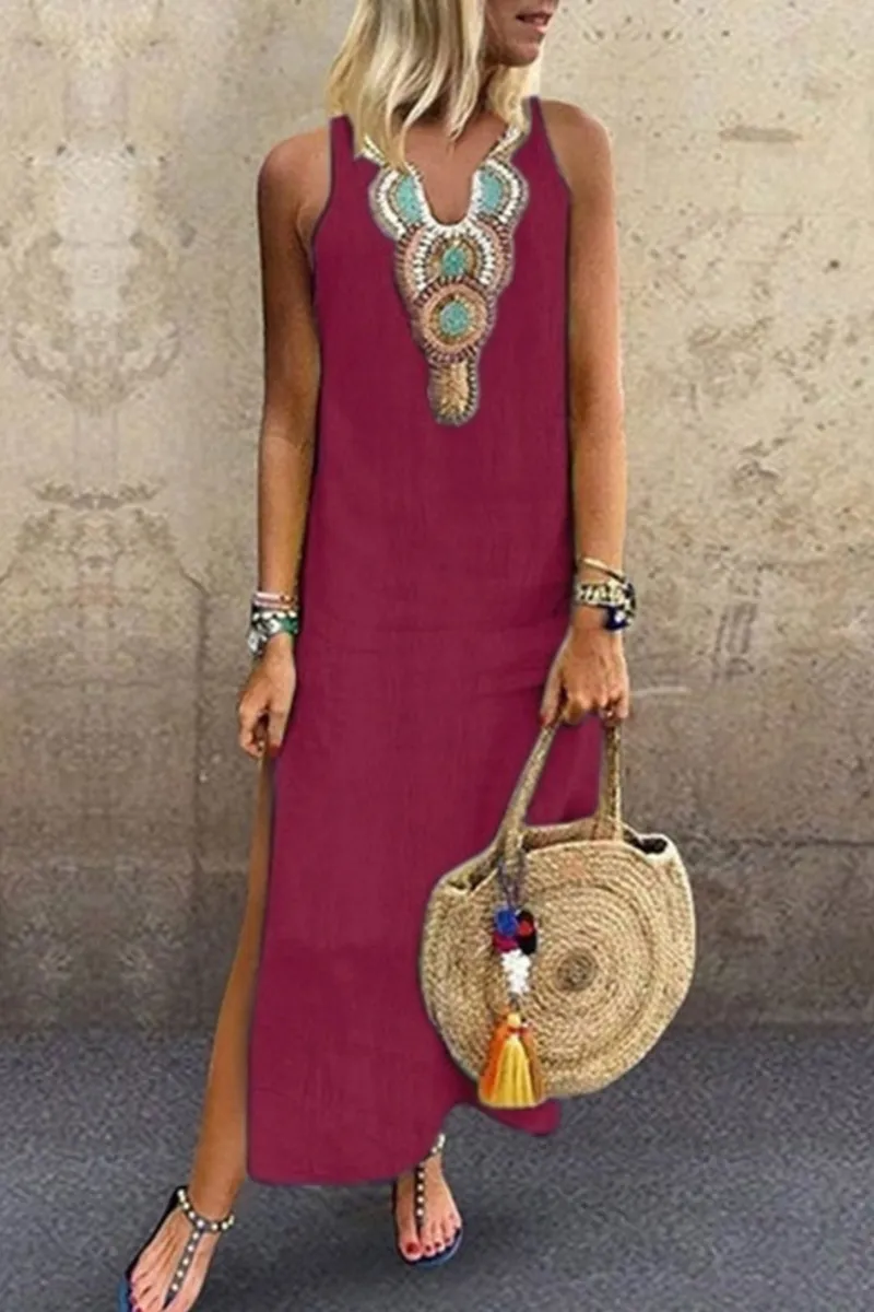 Dunnmall Casual Print Slit V Neck A Line Dresses(7 Colors)