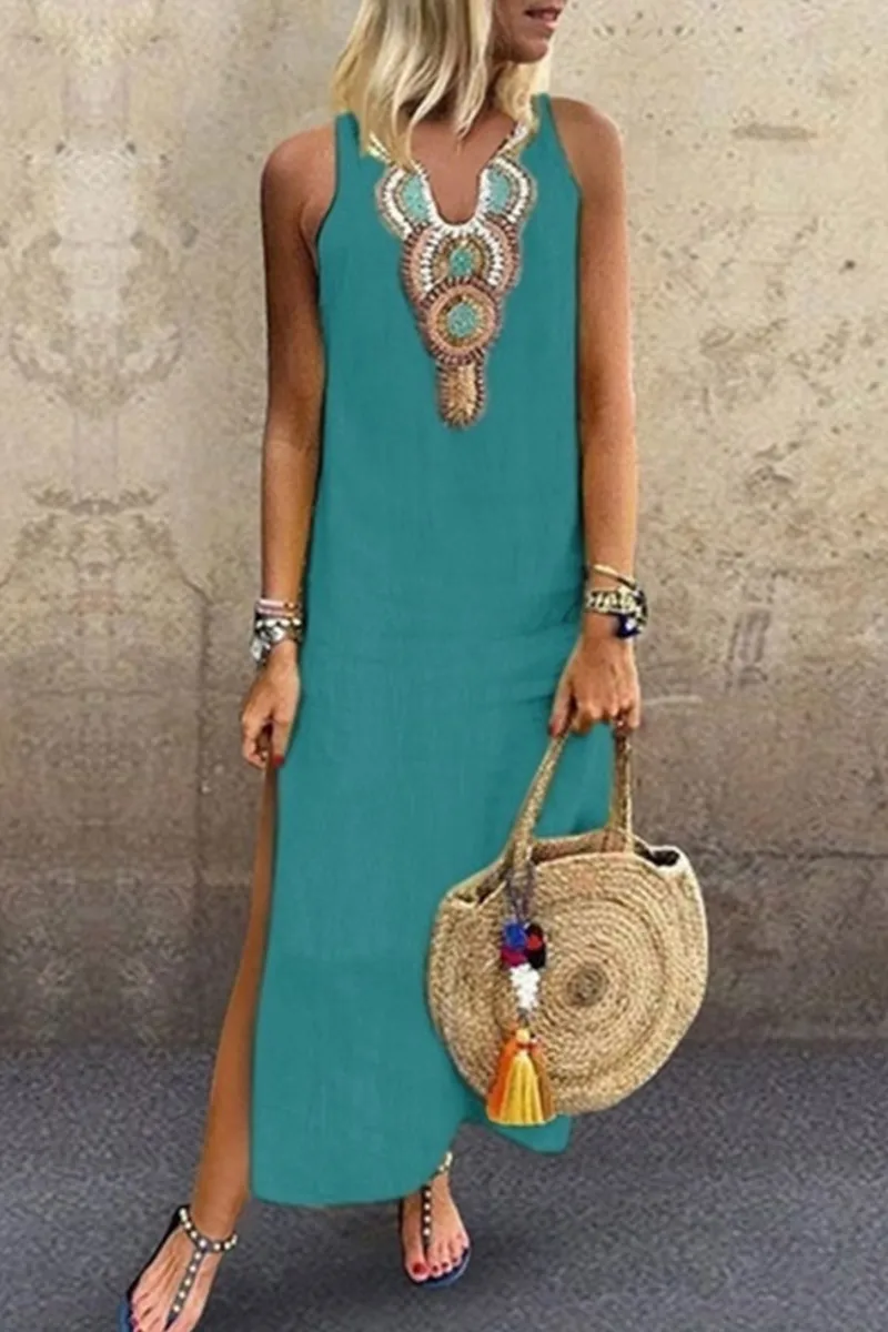 Dunnmall Casual Print Slit V Neck A Line Dresses(7 Colors)