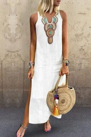 Dunnmall Casual Print Slit V Neck A Line Dresses(7 Colors)