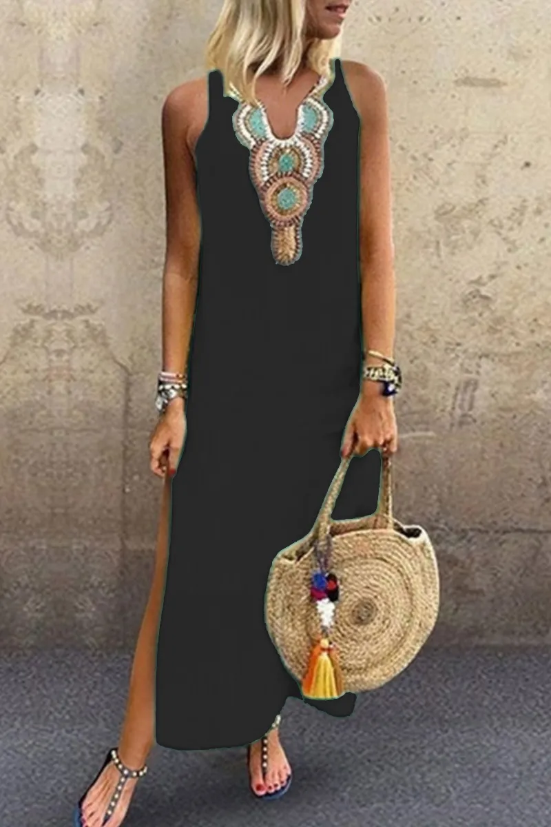 Dunnmall Casual Print Slit V Neck A Line Dresses(7 Colors)