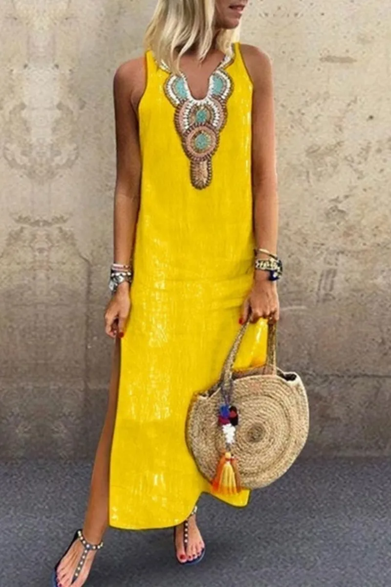 Dunnmall Casual Print Slit V Neck A Line Dresses(7 Colors)