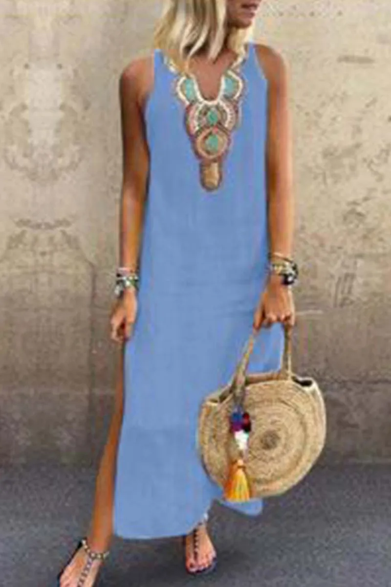 Dunnmall Casual Print Slit V Neck A Line Dresses(7 Colors)