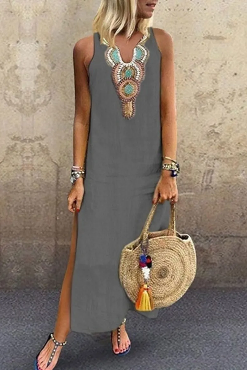 Dunnmall Casual Print Slit V Neck A Line Dresses(7 Colors)