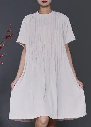 Elegant Apricot O-Neck Wrinkled Cotton Dresses Summer