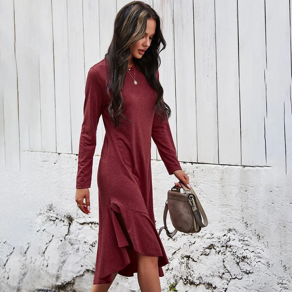 Elegant Long Sleeve Ruffle Asymmetrical Dress
