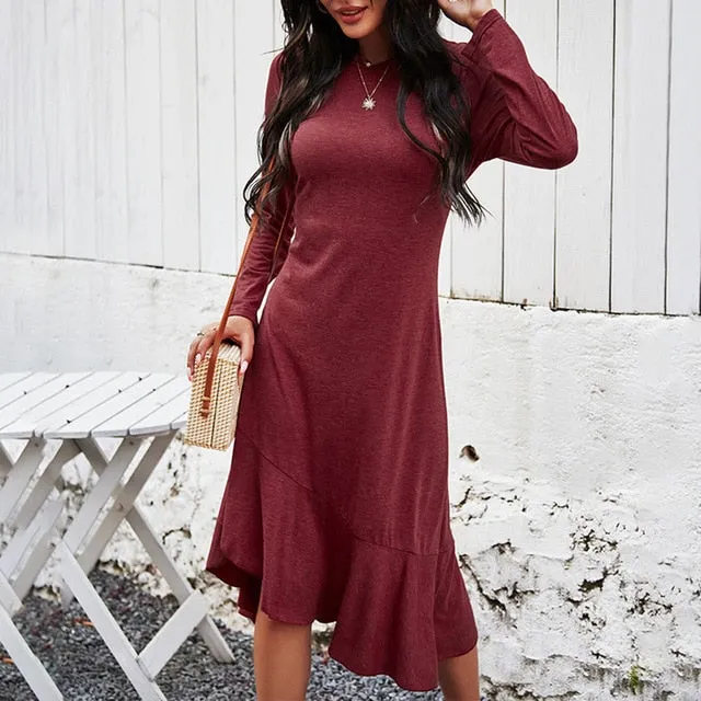 Elegant Long Sleeve Ruffle Asymmetrical Dress