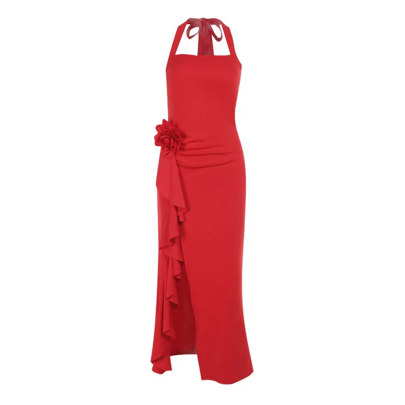 Elegant Sexy Slim Ruffle Three Dimensional Floral Split Dress