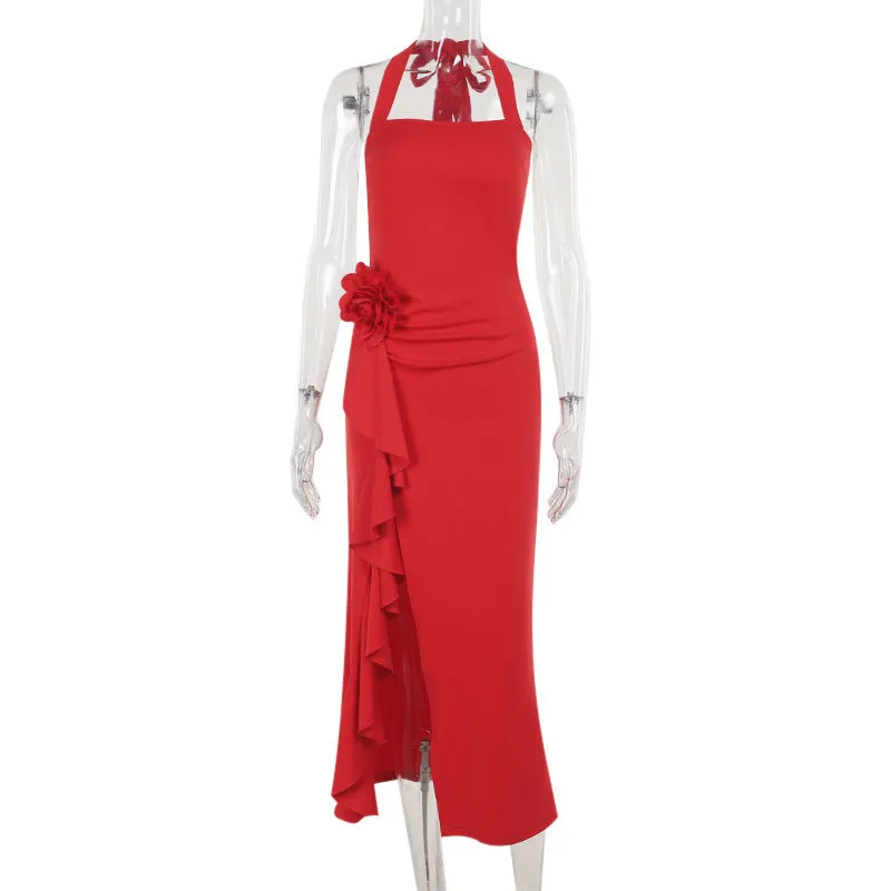 Elegant Sexy Slim Ruffle Three Dimensional Floral Split Dress