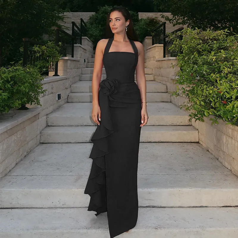 Elegant Sexy Slim Ruffle Three Dimensional Floral Split Dress