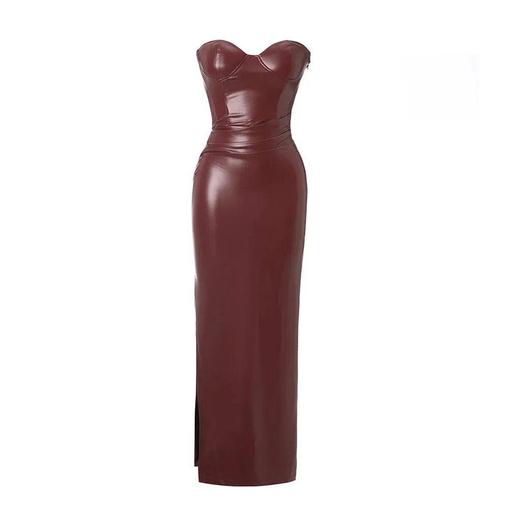 Flytonn Autumn Strapless Party Dresses 2025 New Arrivals Wine PU Corset Dress Sexy Midi Bodycon Night Event Dress Women-nye outfits