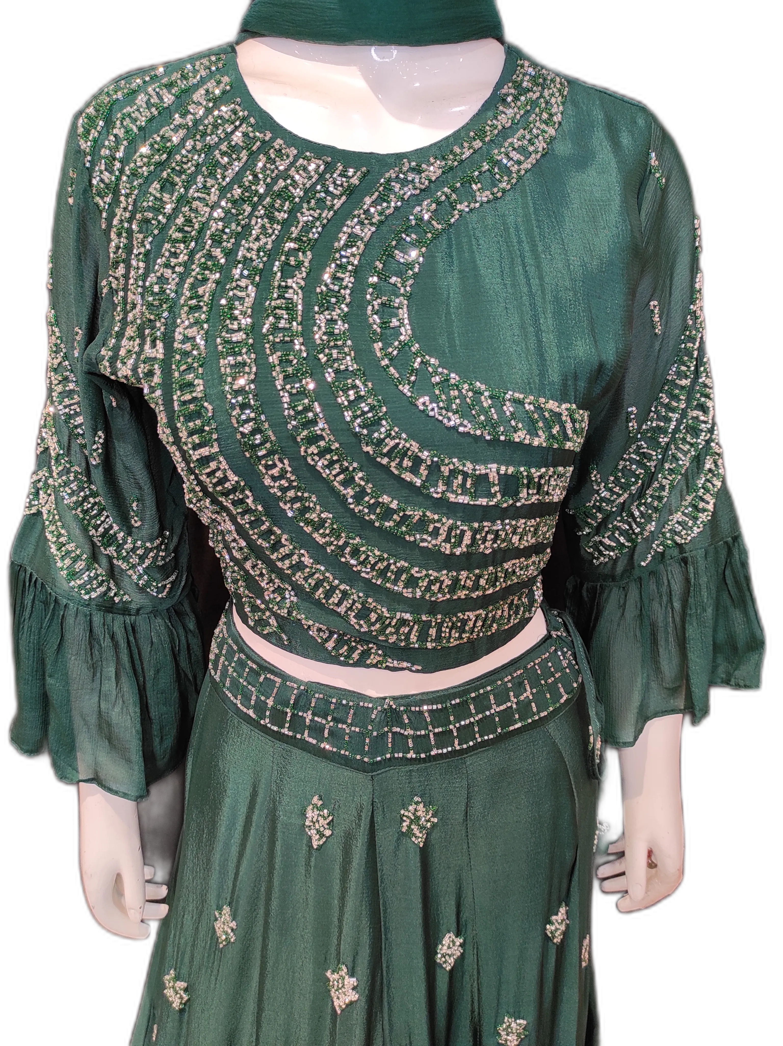 Green Chinon  Crop Top With Skirt