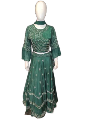Green Chinon  Crop Top With Skirt