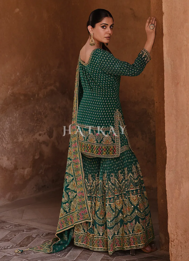Green Golden Embroidered Gharara Suit