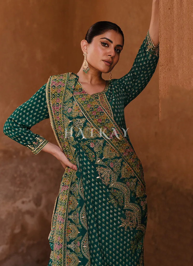 Green Golden Embroidered Gharara Suit
