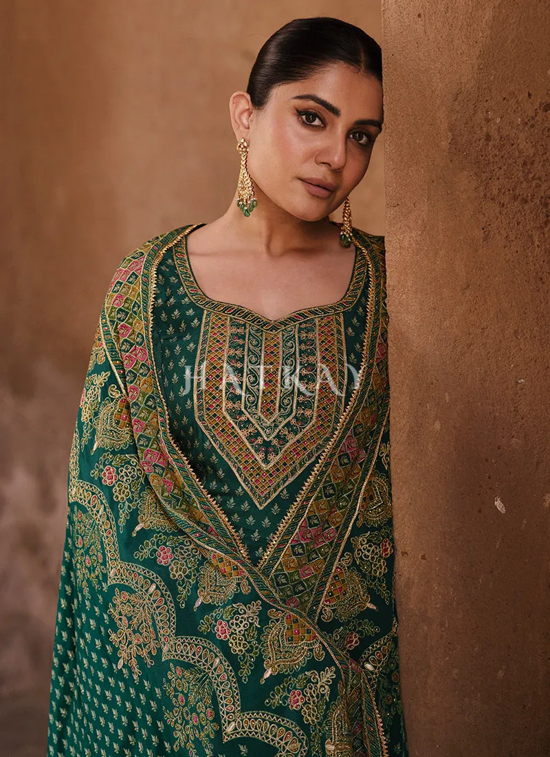 Green Golden Embroidered Gharara Suit