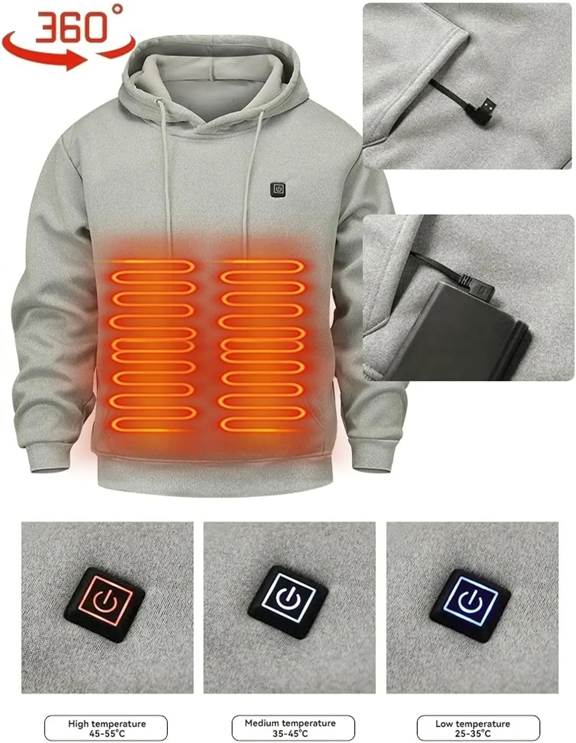 Heated Hoodie for Men Women Heated Sweatshirt Heated Hunting Jacket Warm USB Electric Coat Winter Work Clothes Unisex