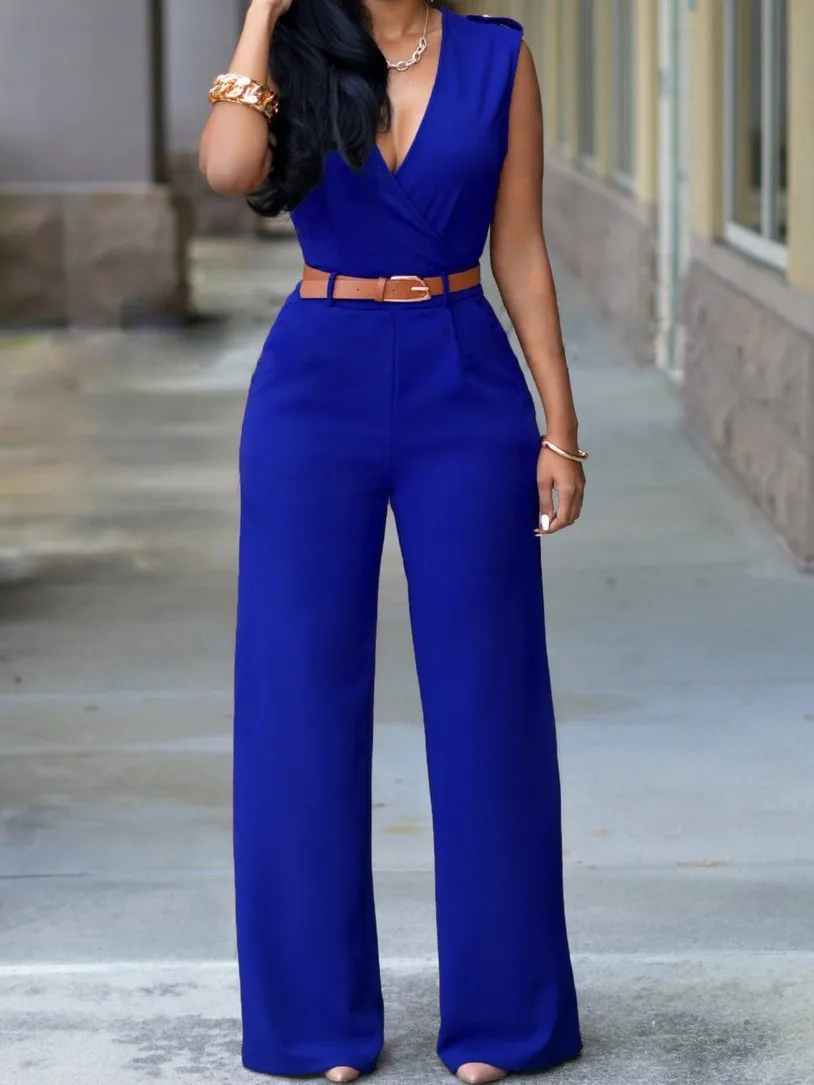High Waist V-Neck Wide-Leg Irregular Jumpsuit Belt for Women