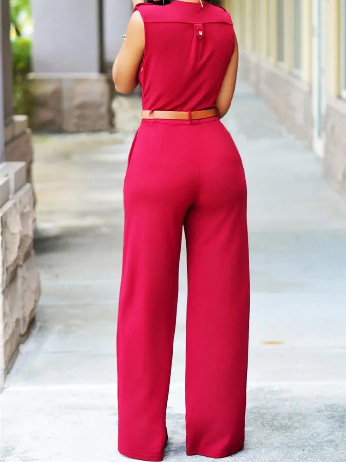 High Waist V-Neck Wide-Leg Irregular Jumpsuit Belt for Women