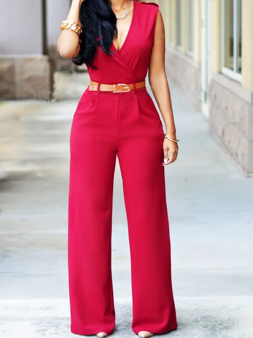 High Waist V-Neck Wide-Leg Irregular Jumpsuit Belt for Women