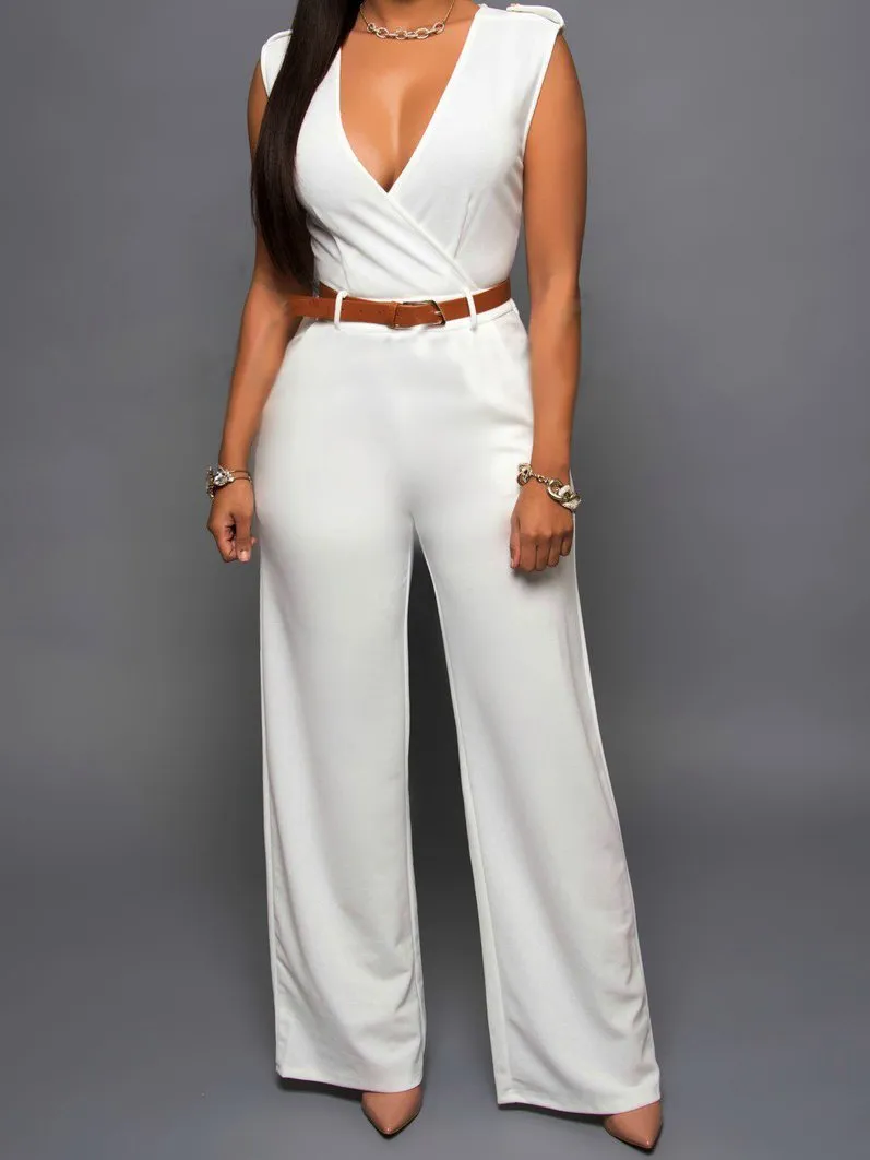 High Waist V-Neck Wide-Leg Irregular Jumpsuit Belt for Women