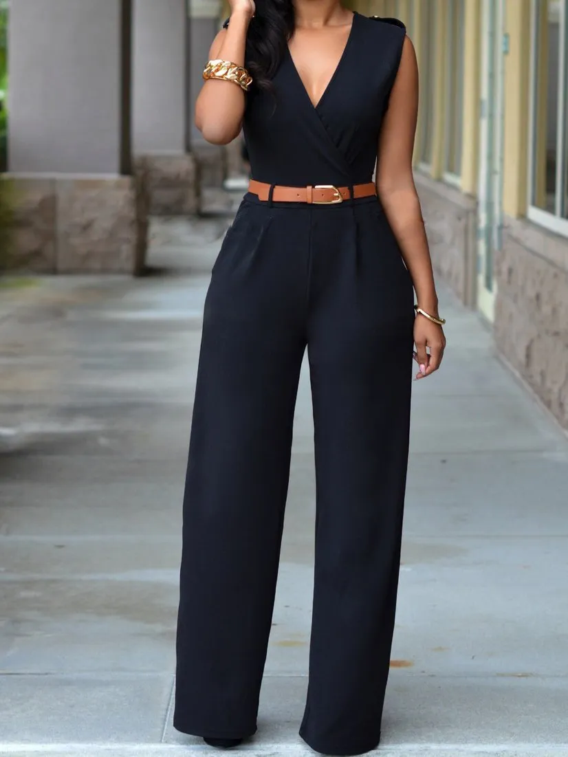 High Waist V-Neck Wide-Leg Irregular Jumpsuit Belt for Women