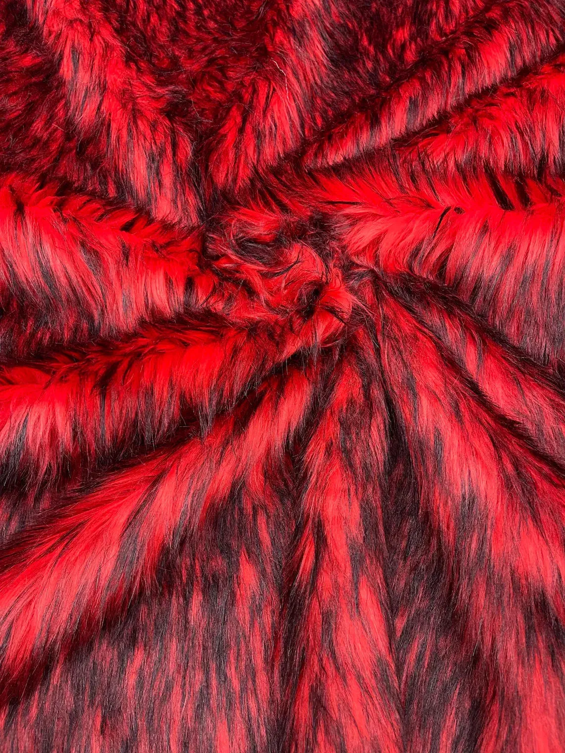 Husky Long Pile Fur Fabric - Red / Black - Faux Husky Fur Fabric 2 Tone Shaggy Fur By Yard