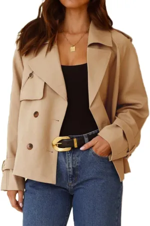 IDEALSANXUN Cropped Trench Coat for Women Spring Fall Trendy Double Breasted Long Sleeve Work Jackets Short Coats