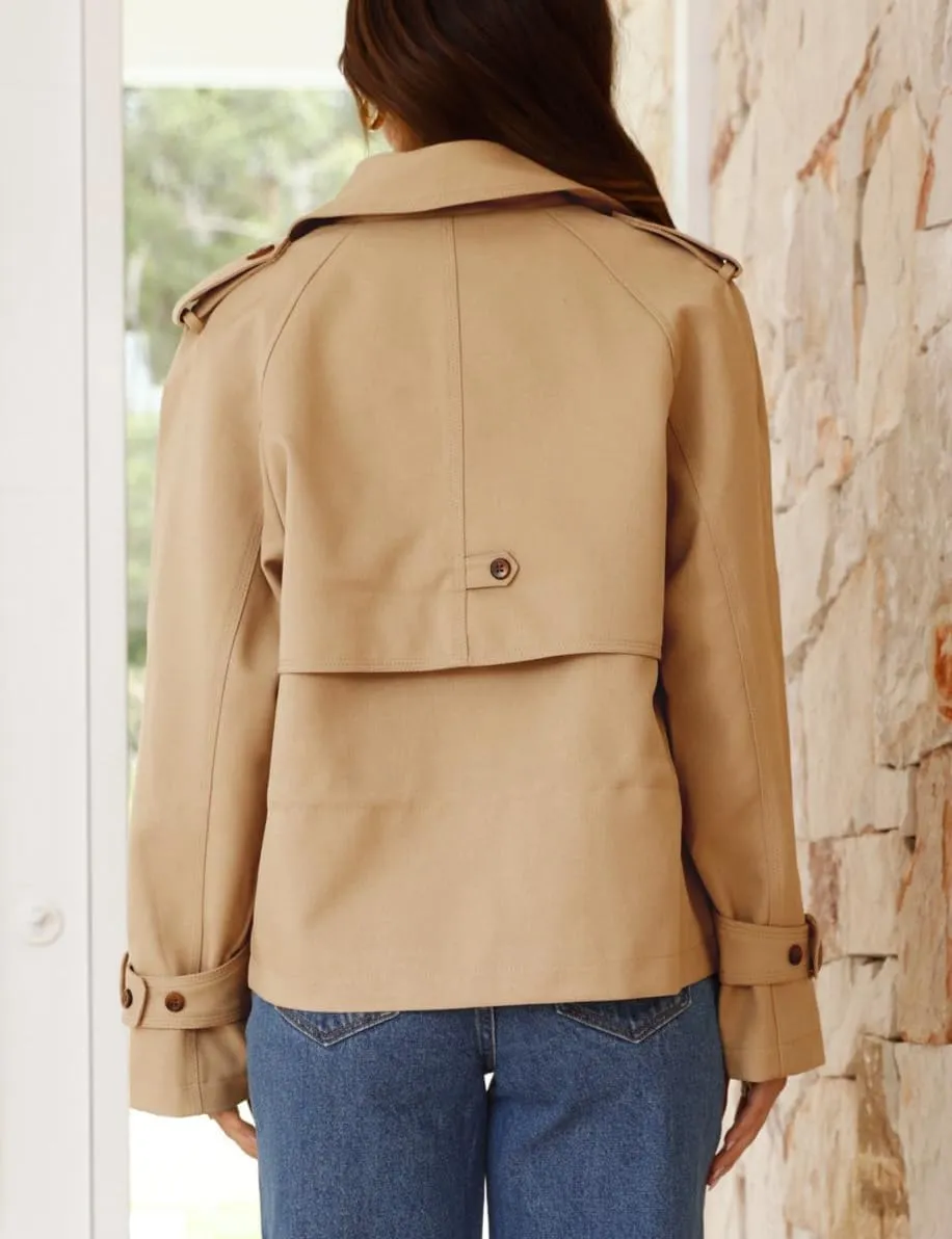 IDEALSANXUN Cropped Trench Coat for Women Spring Fall Trendy Double Breasted Long Sleeve Work Jackets Short Coats