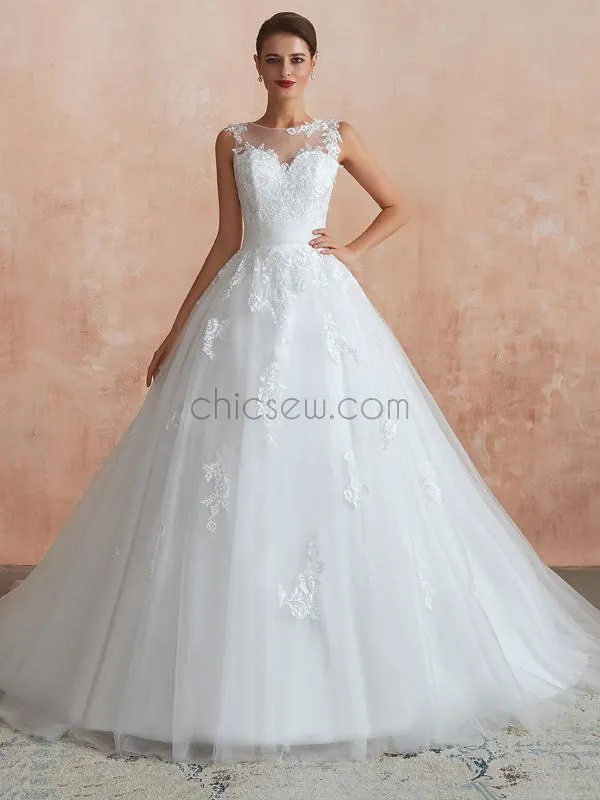 Ivory Tulle Sleeveless Elegant Long Wedding Dresses SDP1180