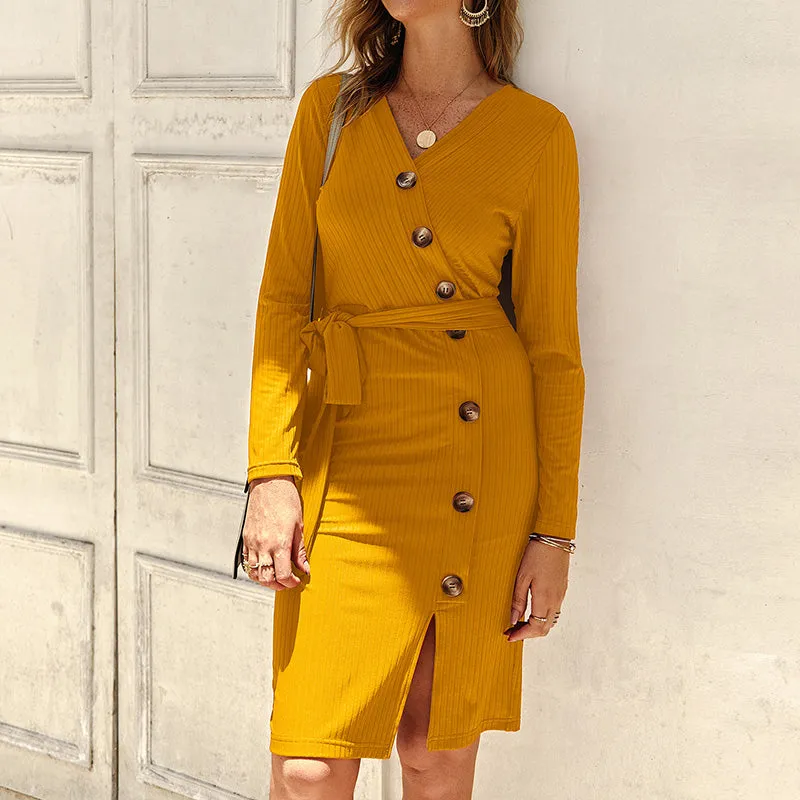 Long Sleeve Bodycon Belt Button Sweater Dress