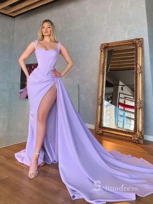 Mermaid Lilac Straps Long Prom Dresses Thigh Split Simple Evening Dresses MLK010