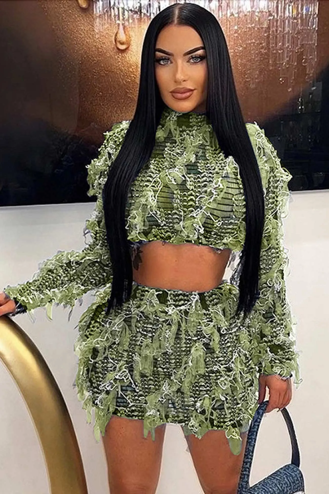 Mesh Distressed Crop Top Skirt Suits