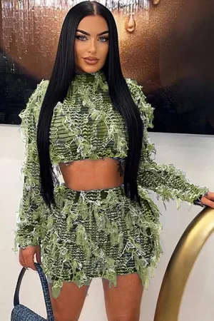 Mesh Distressed Crop Top Skirt Suits