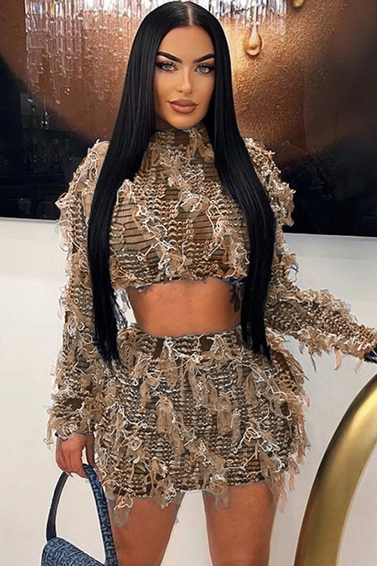 Mesh Distressed Crop Top Skirt Suits