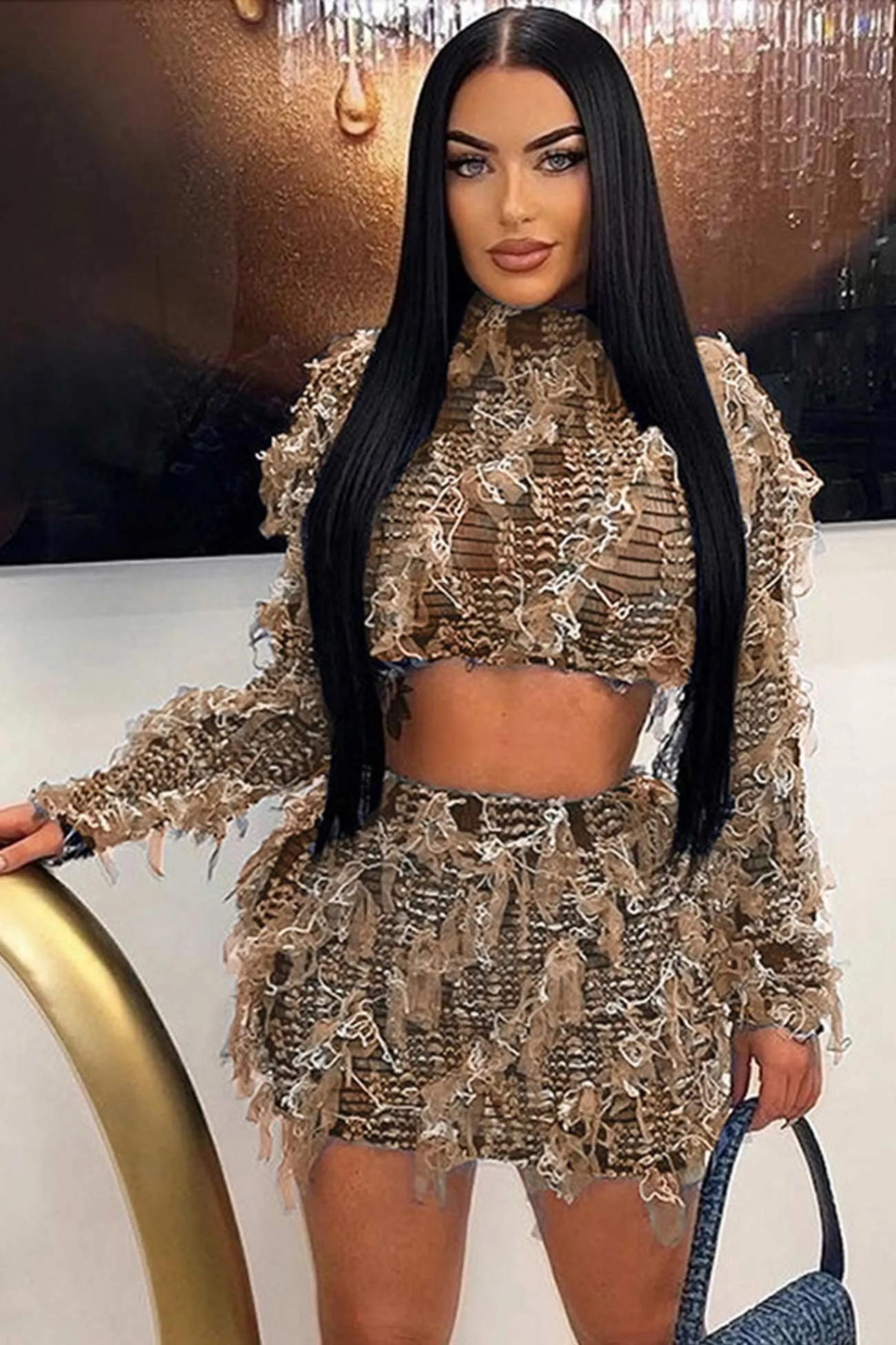 Mesh Distressed Crop Top Skirt Suits