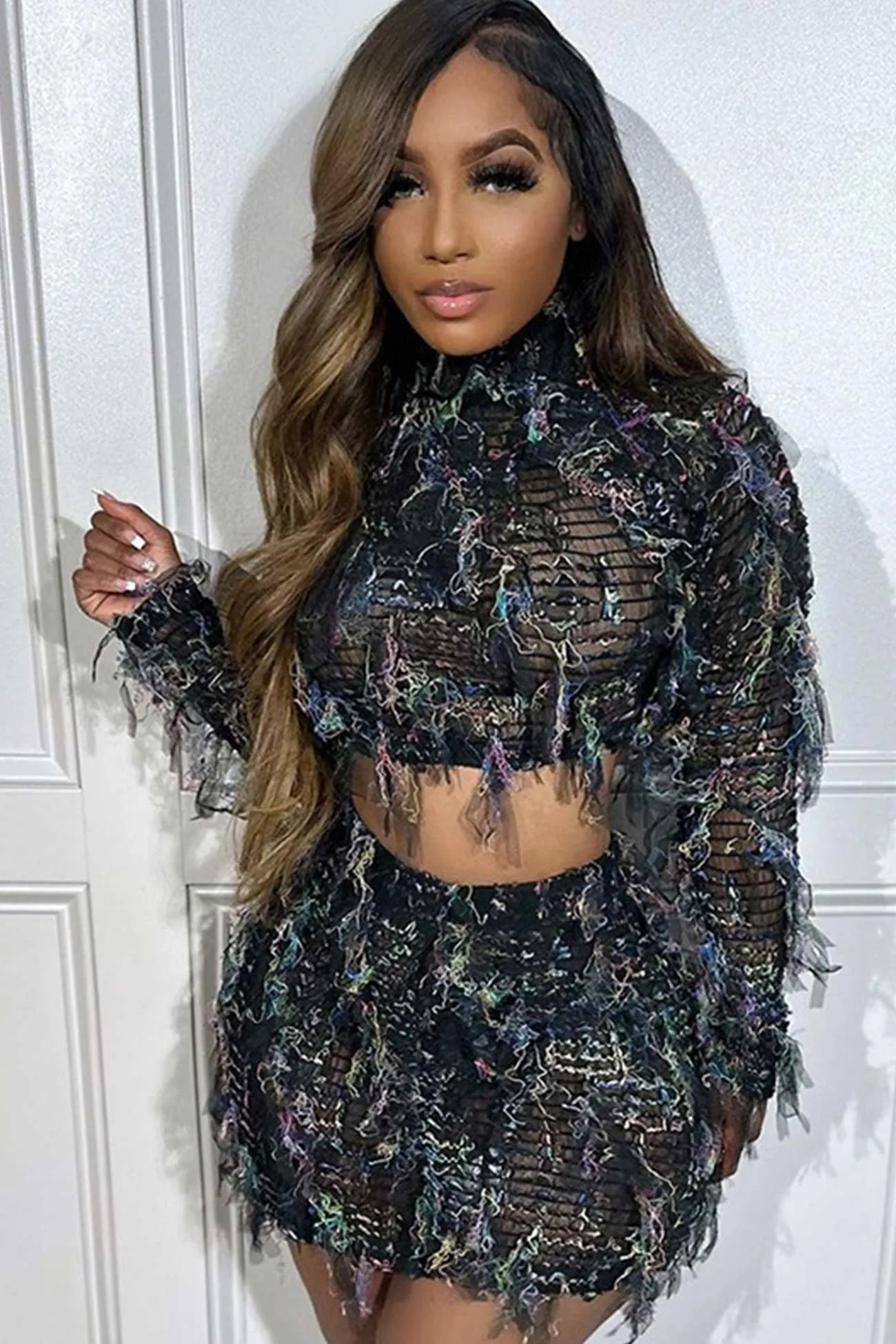Mesh Distressed Crop Top Skirt Suits