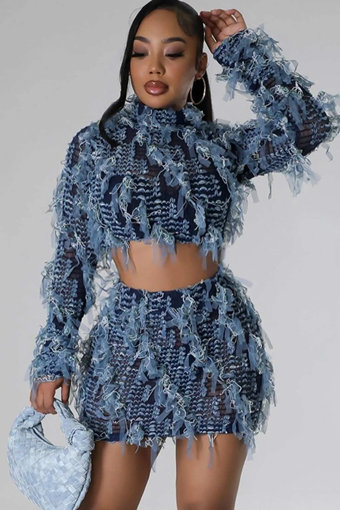 Mesh Distressed Crop Top Skirt Suits