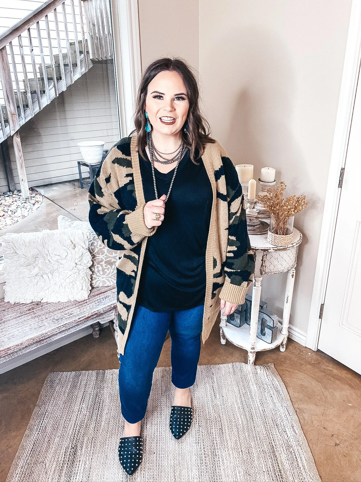 Missing You Camouflage Long Sleeve Open Front Cardigan in Olive Green