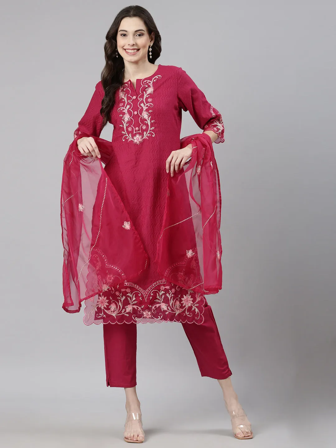Neerus Magenta Casual  Straight Kurta and Trousers With Dupatta