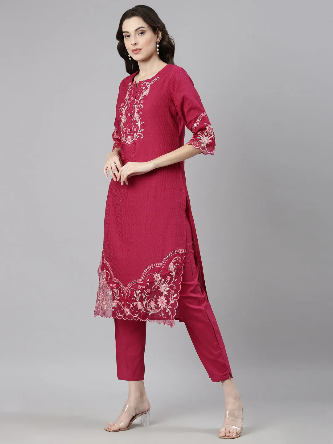Neerus Magenta Casual  Straight Kurta and Trousers With Dupatta