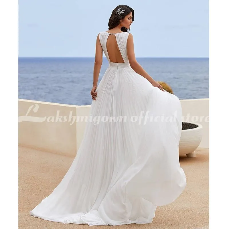 NumberSea Simple Chiffon Wedding Dress With Pleats V-Neck Simple