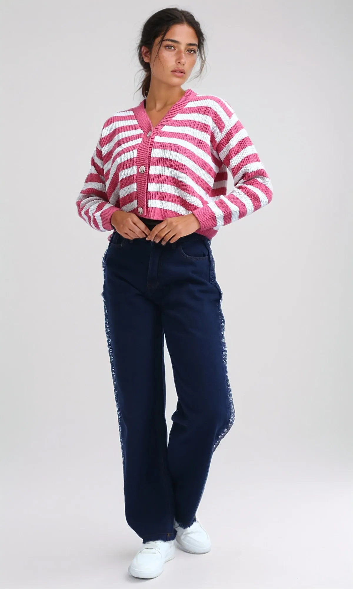 O200310 - Long Sleeves Cropped Cardigan - Fushia & White