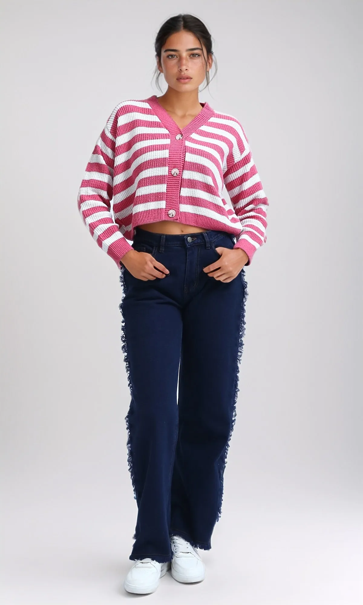 O200310 - Long Sleeves Cropped Cardigan - Fushia & White