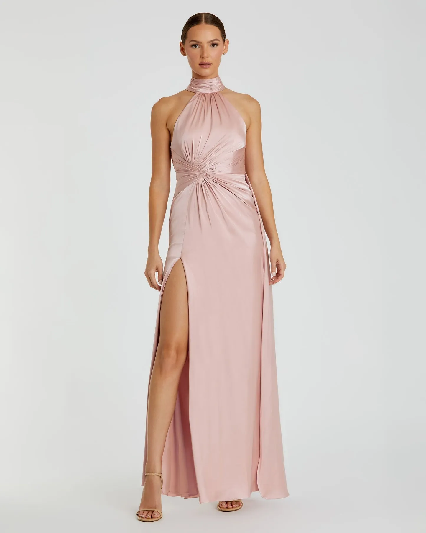 Open back high neck ruched gown - Sage