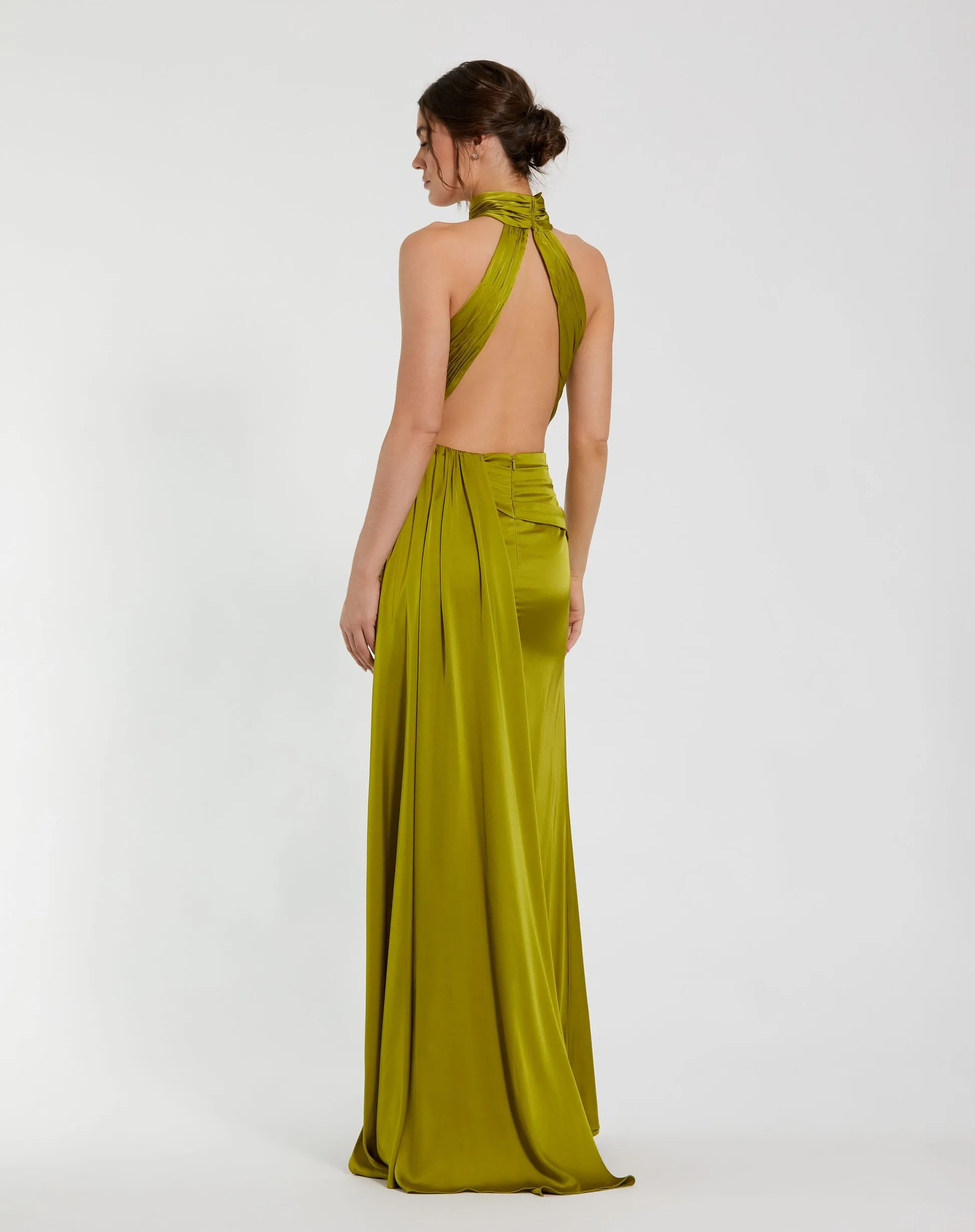 Open back high neck ruched gown - Sage