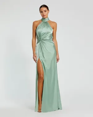 Open back high neck ruched gown - Sage